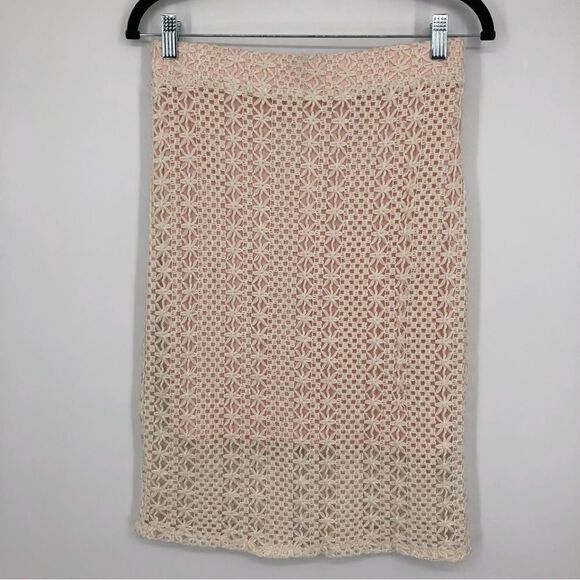 Free‎ People Pencil Skirt Womens 6 Cream Floral Crochet - Picture 3 of 14
